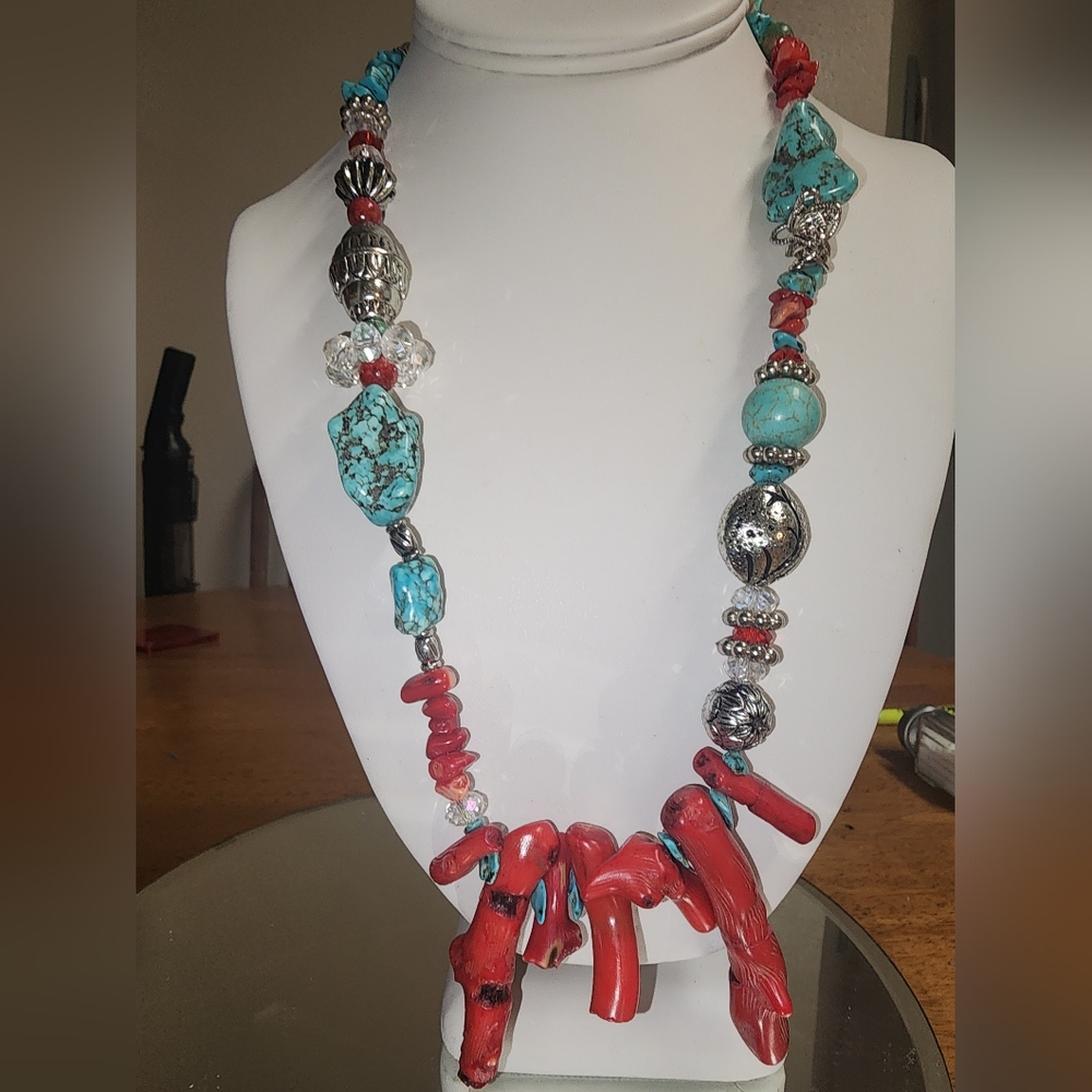 Turquoise and Dyed Bamboo Coral Branch Artisan Necklace